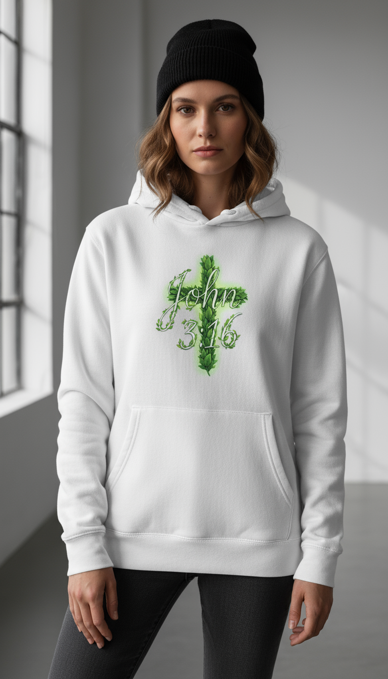 John 3:16 flowing script forest canopy leaves watercolor green hoodie sustainable Christian