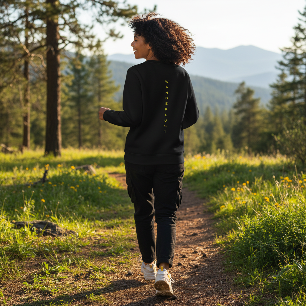 Wanderlust Embroidered Unisex Organic Sweatshirt Back Black