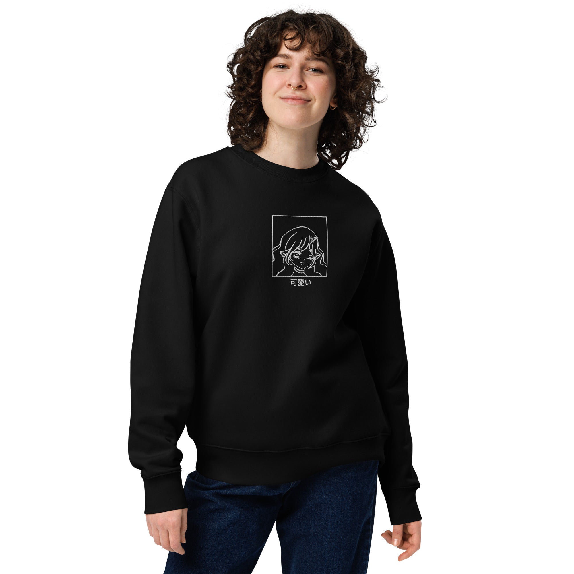 Front view of Embroidered Cotton Unisex Anime Sweatshirt with intricate anime design
