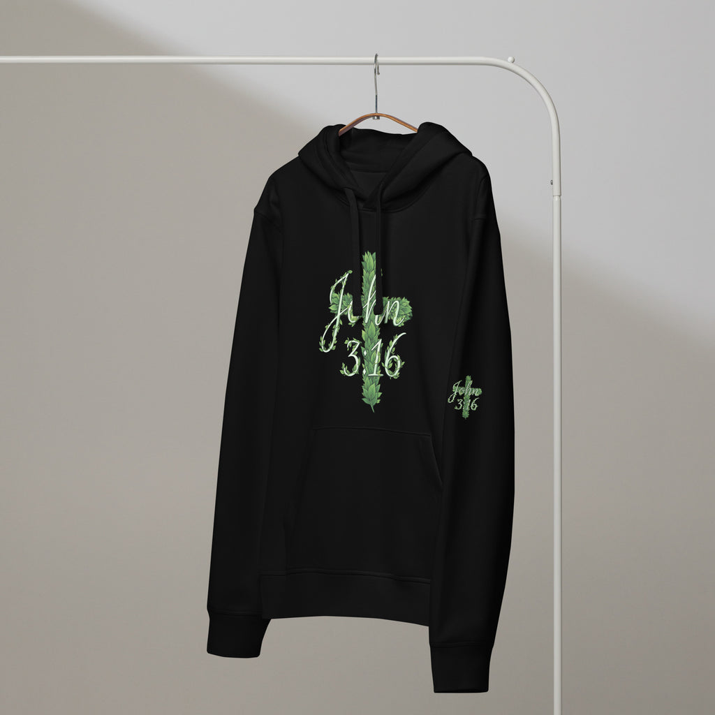John 3:16 flowing script forest canopy leaves watercolor green hoodie sustainable Christian