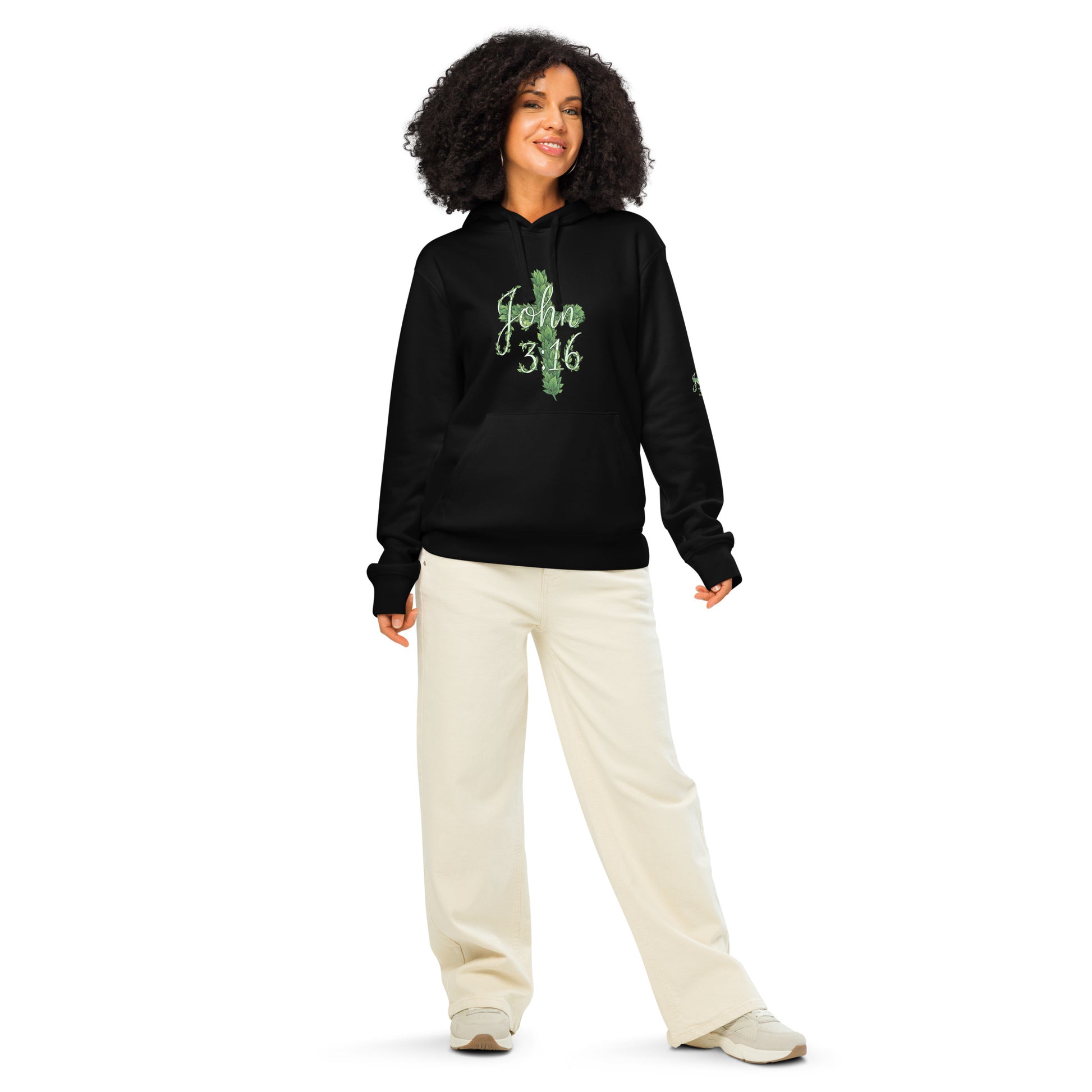 John 3:16 flowing script forest canopy leaves watercolor green hoodie sustainable Christian