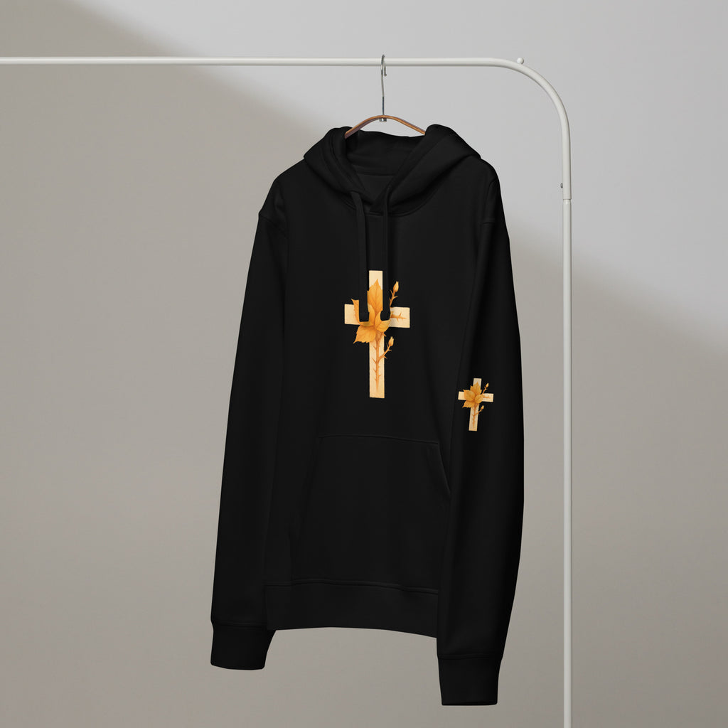 Stippled ink cross autumn leaves thorns buds warm amber sustainable Christian vest