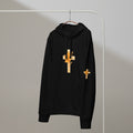 Stippled ink cross autumn leaves thorns buds warm amber sustainable Christian vest