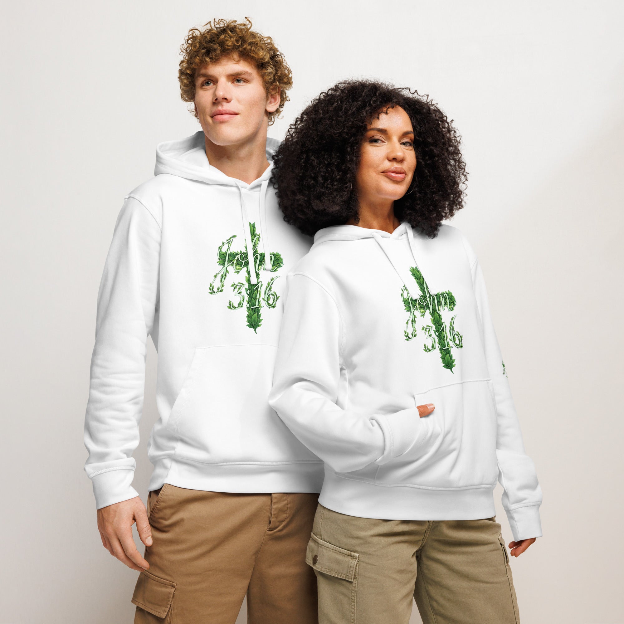 John 3:16 flowing script forest canopy leaves watercolor green hoodie sustainable Christian